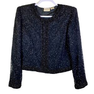 Vintage Beaded Silk Jacket Blouse Black Size Small